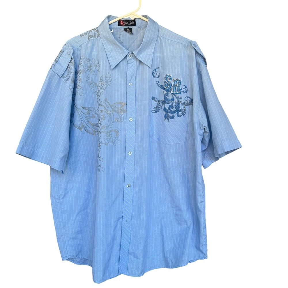 Street Rules Shirt Mens 2XL Blue Graphic Embroidered Short Sleeve Button Up